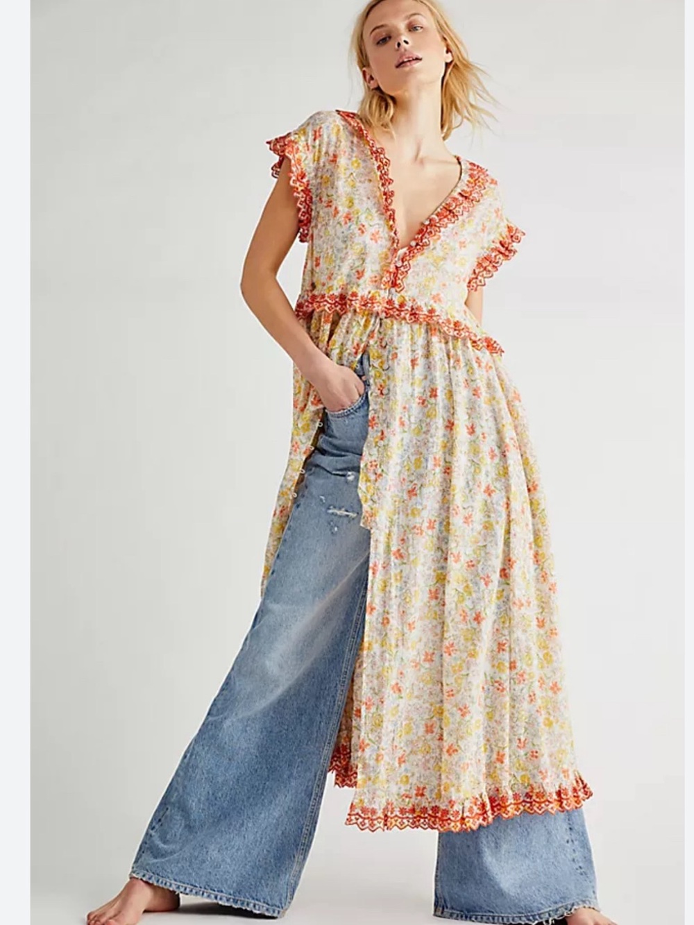 FREE PEOPLE Milania Floral Embroidered Ruffle Midi Peasant Dress Small